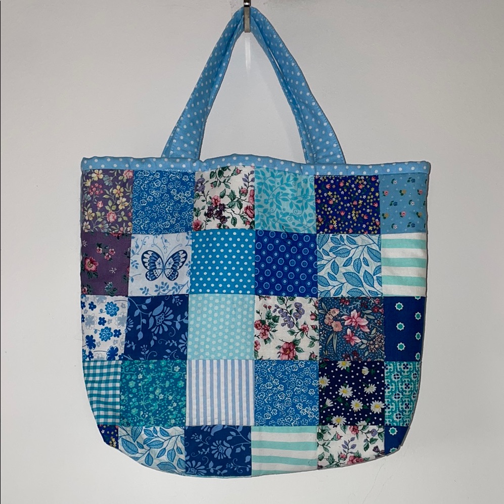 Handmade Patchwork Tote Bag Blue Purple Quilted Boho Purse Oneofakind Nwot